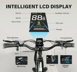 Écran LCD couleur de 3,5 pouces affichant vitesse, autonomie et niveau d'assistance. Port USB intégré pour recharger vos appareils en déplacement. Interface conviviale pour un contrôle facile des paramètres du vélo.
