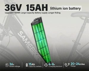Batterie lithium-ion 36V 15Ah amovible, intégrée dans le cadre pour un design épuré. Autonomie jusqu'à 80 km en mode assistance, selon l'utilisation. Recharge complète en 4 à 6 heures, avec protections intégrées