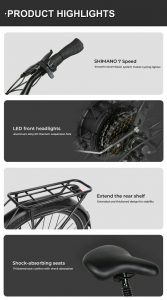 Dérailleur Shimano à 7 vitesses, fluide et polyvalent. Permet d'adapter son effort à tous types de terrains. Commandes au guidon pour un passage rapide des vitesses.