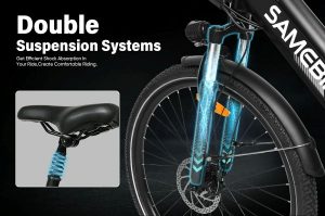 Fourche avant suspendue avec verrouillage pour une conduite confortable. Absorption efficace des chocs pour une conduite agréable sur tous terrains. Idéale pour les chemins accidentés, les sentiers de montagne et les routes urbaines.